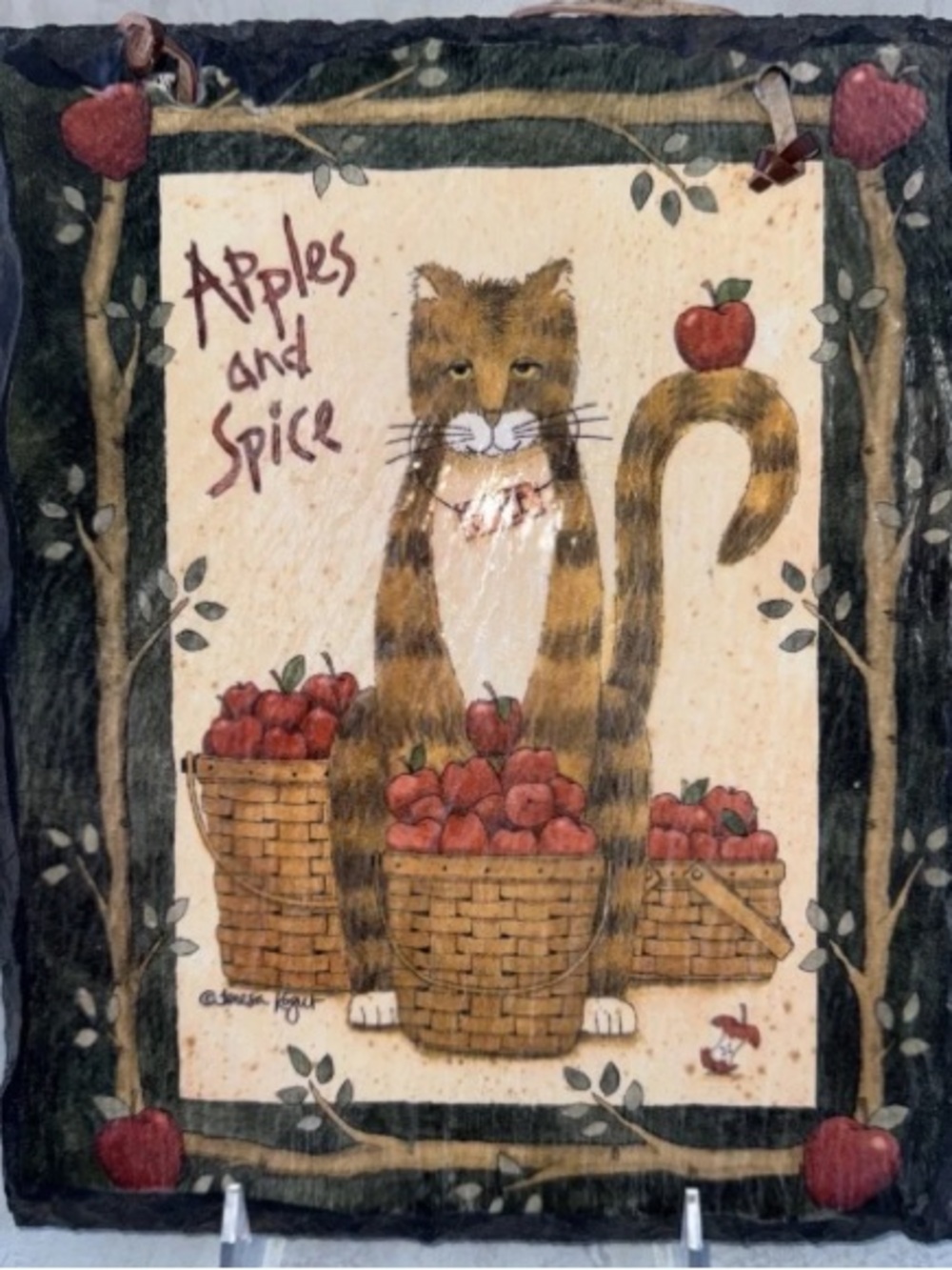 Vtg Teresa Kogut Cat Artwork Hand Cut Slate Wall Hanging Evergreen Artists #1153